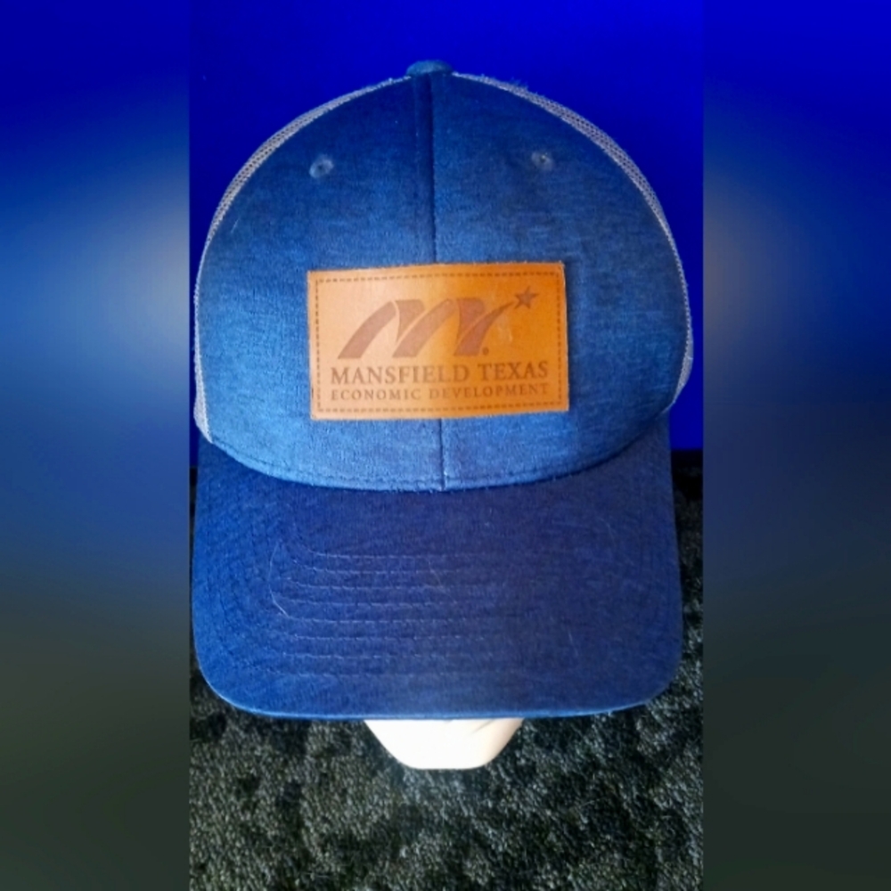 Blue Trucker Hat with Leather Patch Mansfield delovopment